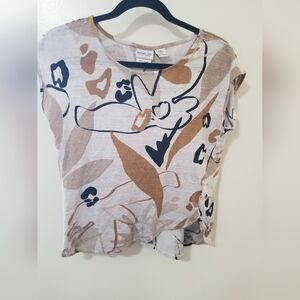 Rachel Zoe 100% Linen Abstract Asymmetrical Top Neutral Boho Chic S